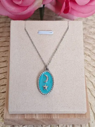 Collar acero Colgante de estrella y luna azul